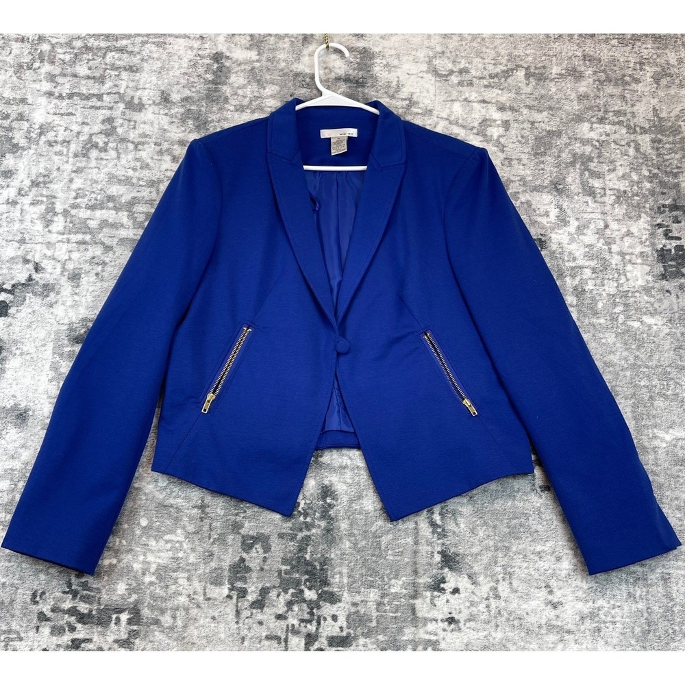 WD.NY Blazer Jacket Women's XL Royal Blue Gold Zip Pockets One Button Career Top
